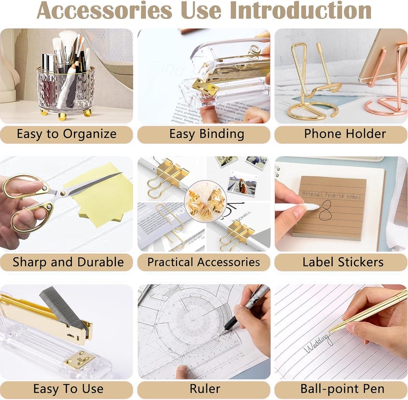 Dimonluce Gold Desk Accessories, Office Desk Organizers and Accessories 360°Pen Holder Acrylic Stapler Set, Phone Holder, Ballpoint Pen, Scissor, Binder Clips, Ruler, Transparent Glue, Sticky Note and Staples. - Image 5